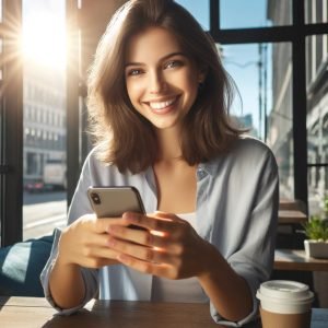 Lady happy to receive newsletter on her mobile phone