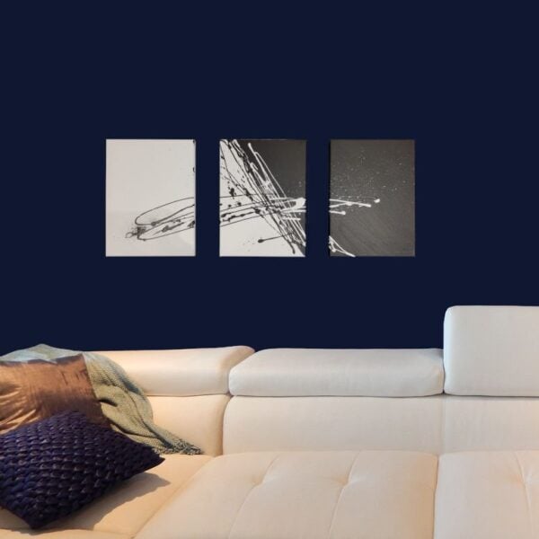 Black And White 3 panel original abstract painting on blue lounge wall