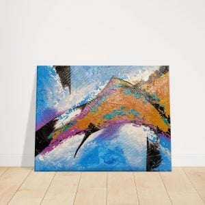 Abstract Orca Acrylic Painting on Wooden Floor against a Wall