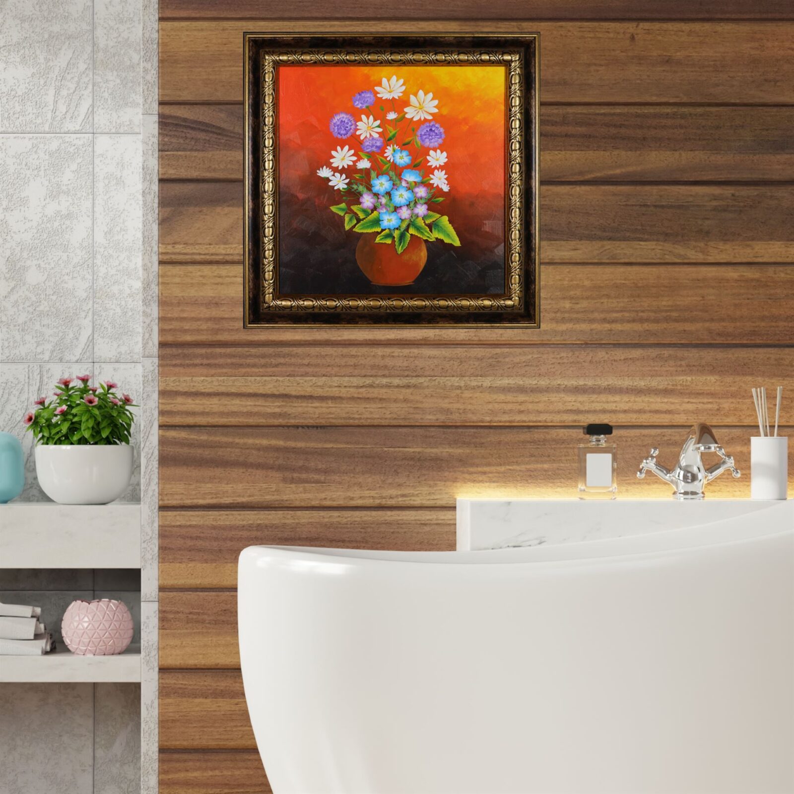 Flower Pot Original Acrylic Painting Framed on Bathroom wall