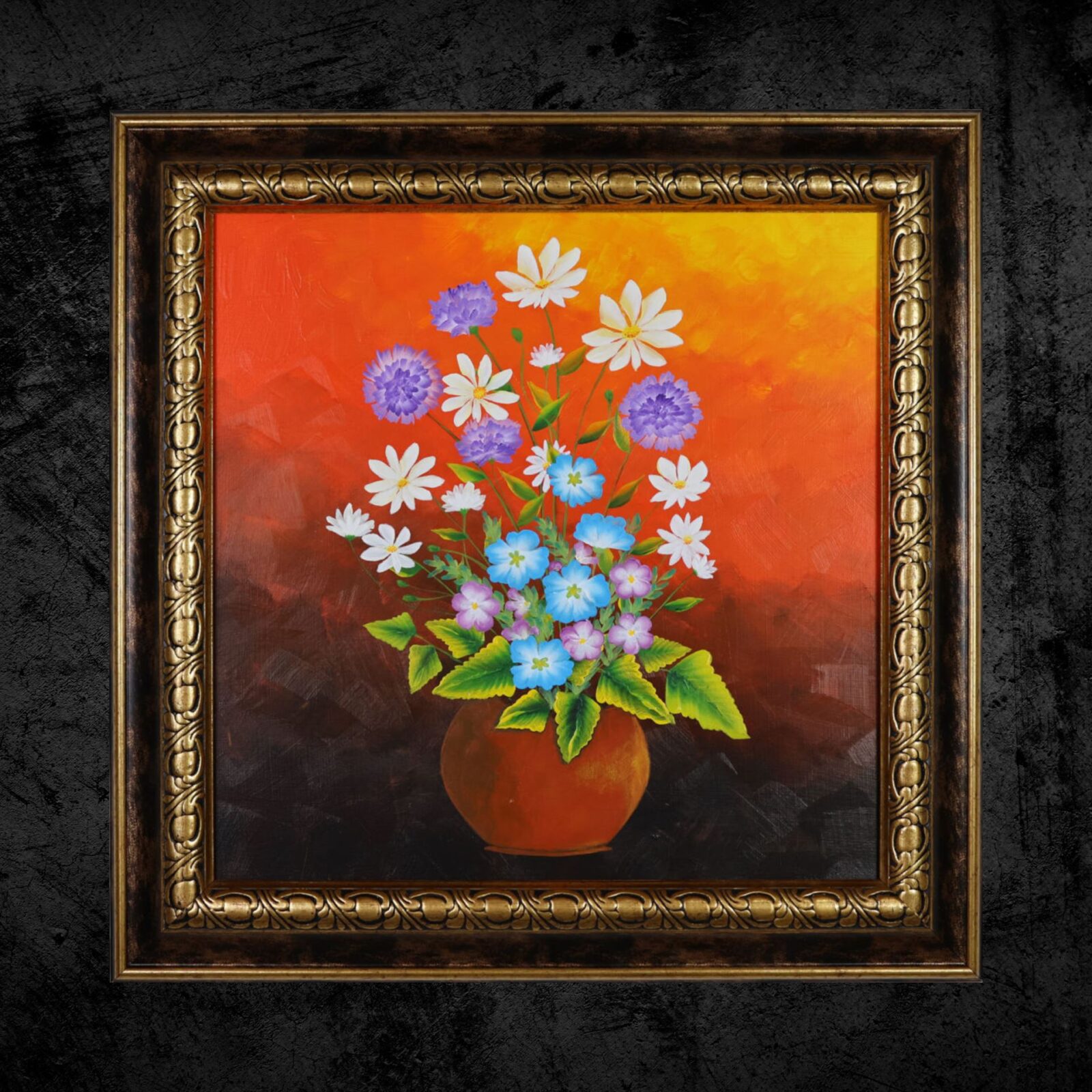 Flower Pot Original Acrylic Painting Framed on Black Background