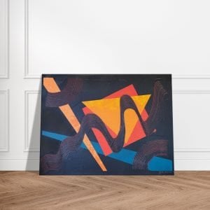 Energizing Retro Abstract Acrylic Painting on wooden Floor against a wall