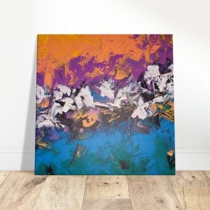 Exuberant Abstract Acrylic Painting on Wooden Floor against a Wall