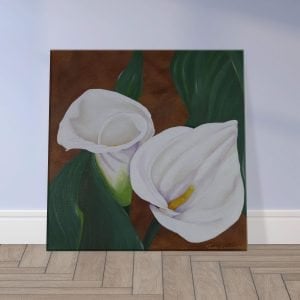 Arum Lily Acrylic Painting on Wooden Floor against a Grey Wall