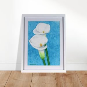 Arum Lily Mixed Media in White Frame on Wooden Floor against a Wall