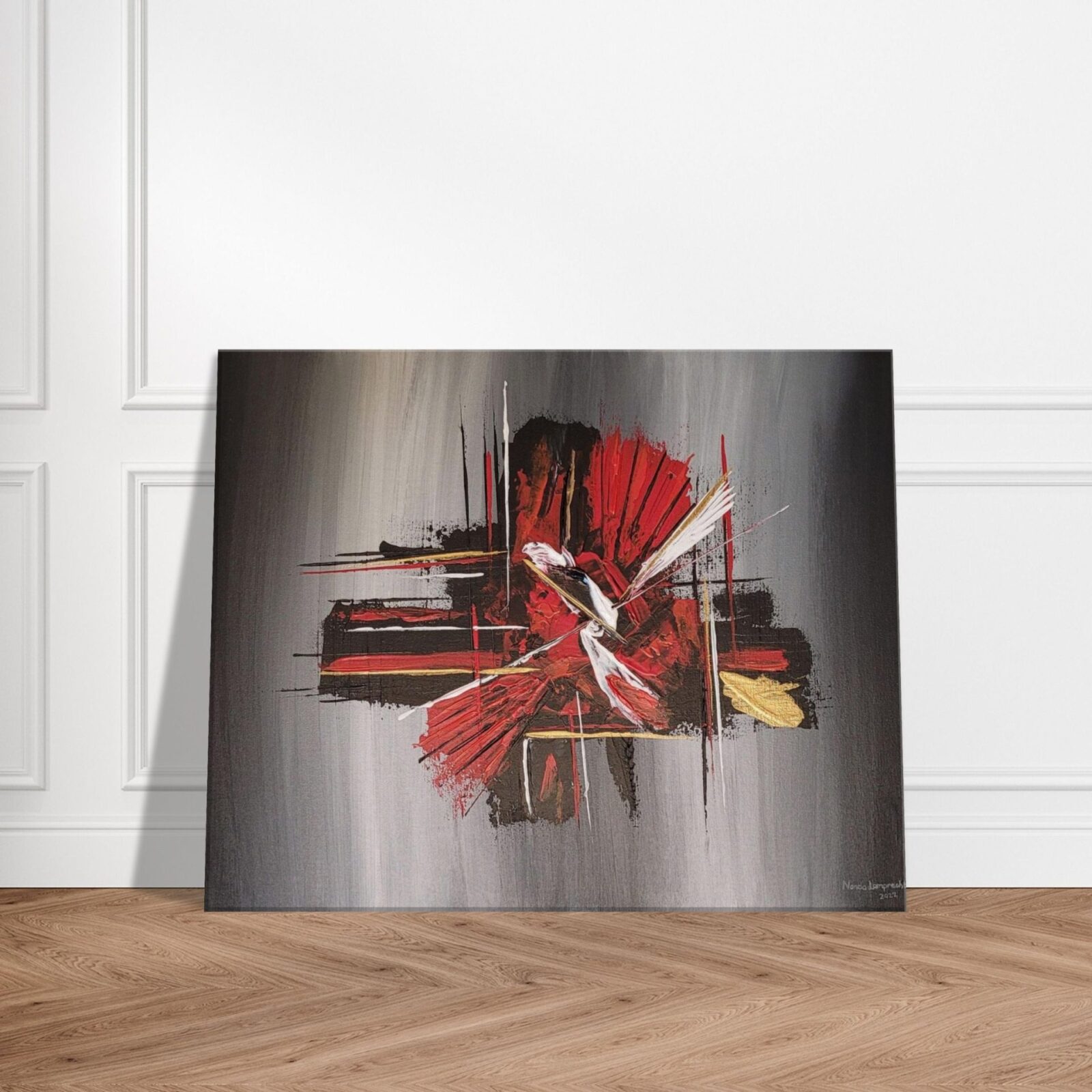 Fiery Passion Abstract Acrylic Painting on Wooden Floor against a Wall