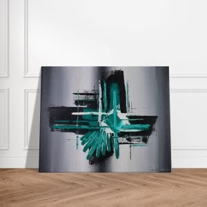 Modern Abstract Oil Painting Teal Blue standing on wooden floor and leaning against a white wall