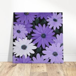 Purple Daisies Acrylic Painting on wooden floor