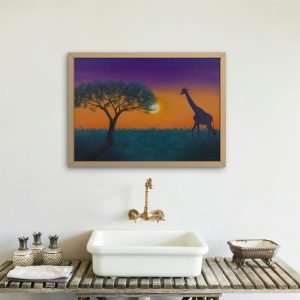 Sunset Giraffe Original Acrylic Painting in Bathroom