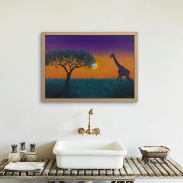 Sunset Giraffe Original Acrylic Painting in Bathroom