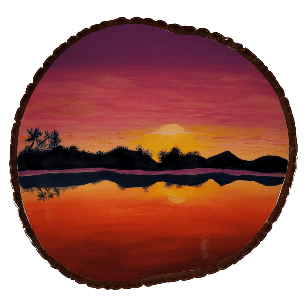 Sunset Reflection” Wood Slice Painting by Nanda | Handmade Rustic