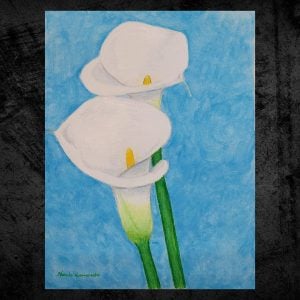 Arum Lily unframed original mixed media artwork of white lilies on blue background