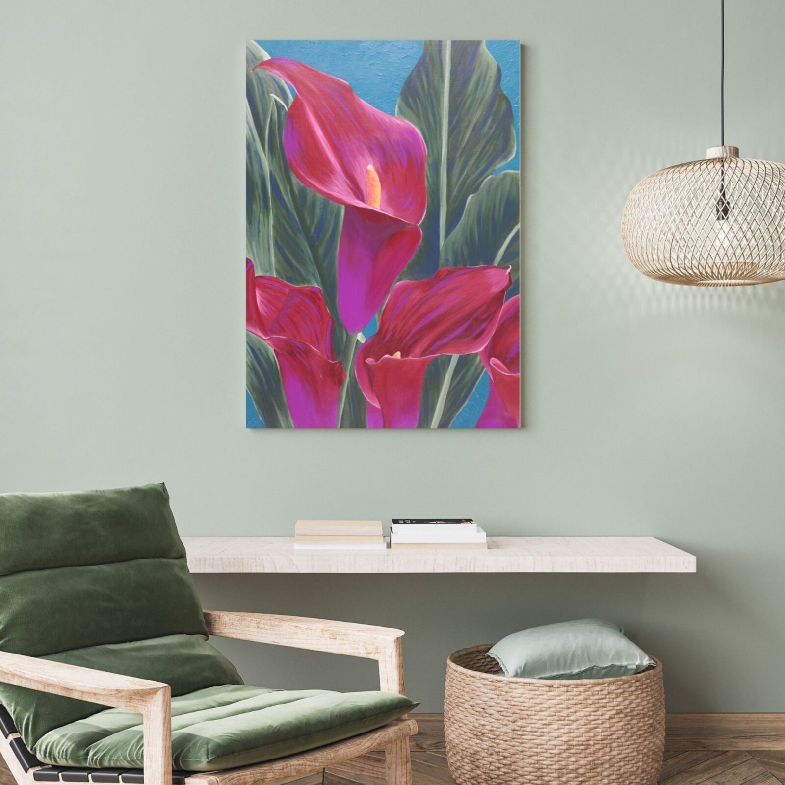 Calla lilies original acrylic painting hanging on a light olive green wall in a living room