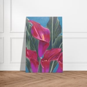 Calla lilies original acrylic painting standing on a wooden floor and leaning against a white wall
