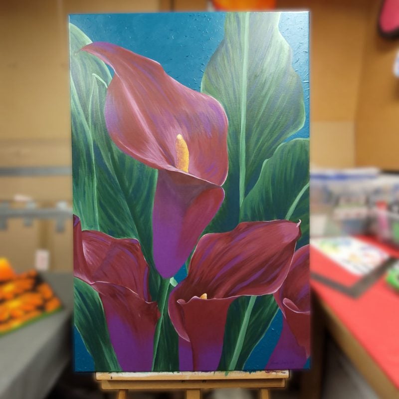 Calla Lilies large original acrylic painting on an easel