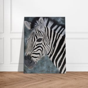 Detailed Zebra Original Acrylic Painting "Safari Gaze", Standing on Wooden Floor and Leaning against a White Wall