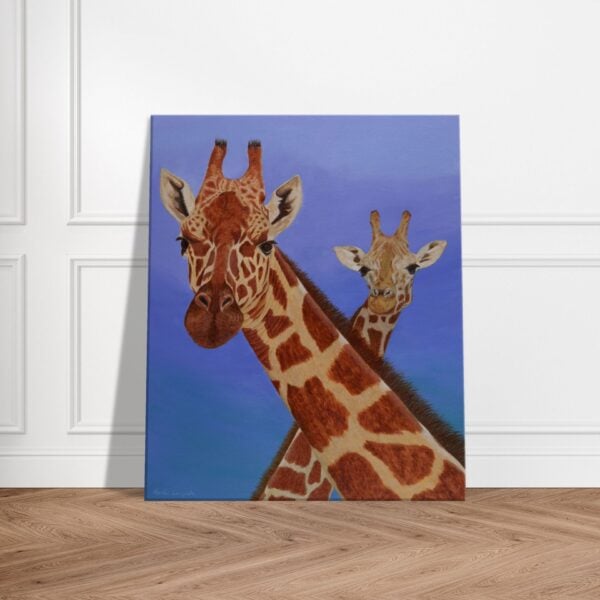 Giraffe Original portrait Painting of a mother and her youngster, The acrylic painting is standing on wooden floor and leaning against white wall.