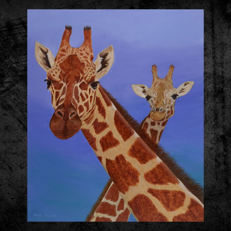 High Society Original acrylic painting of two giraffes hanging on a wall