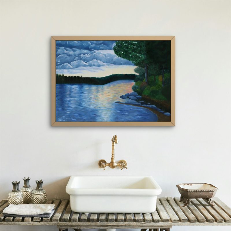 Oil painting of storm clouds over a lake at sunset with thick forest along the banks.