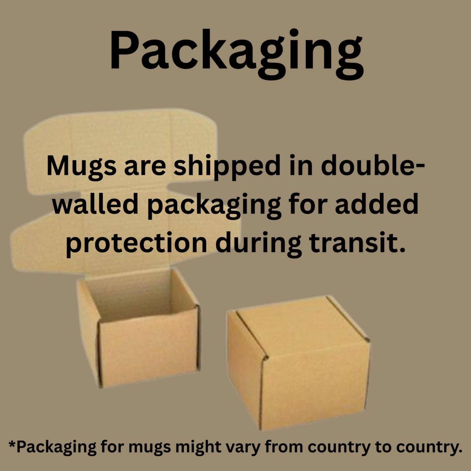 Mugs are shipped in double-walled packaging for added protection during transit. Packaging for mugs might vary from country to country.