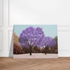 Jacaranda trees in a park, is an acrylic landscape painting standing on a wooden floor and leaning against a wall