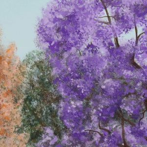 Gentle Jakarandas Close-up of original acrylic painting of purple Jacaranda trees
