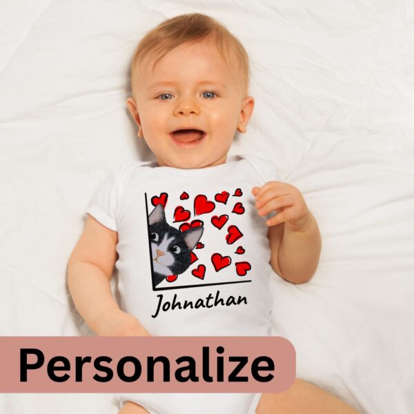 Cat Black Personalize baby onsie on baby with customizable name Baby wearing a white summer bodysuit with a black tuxedo cat design and the name "Johnathan" which is optional to personalize with your baby's name.