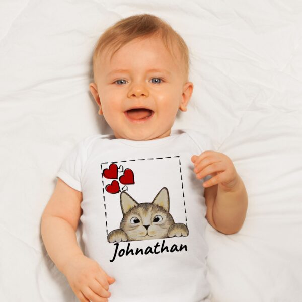 Baby wearing a white summer bodysuit with a brown cat design and the name "Johnathan" which is optional to personalize with your baby's name.