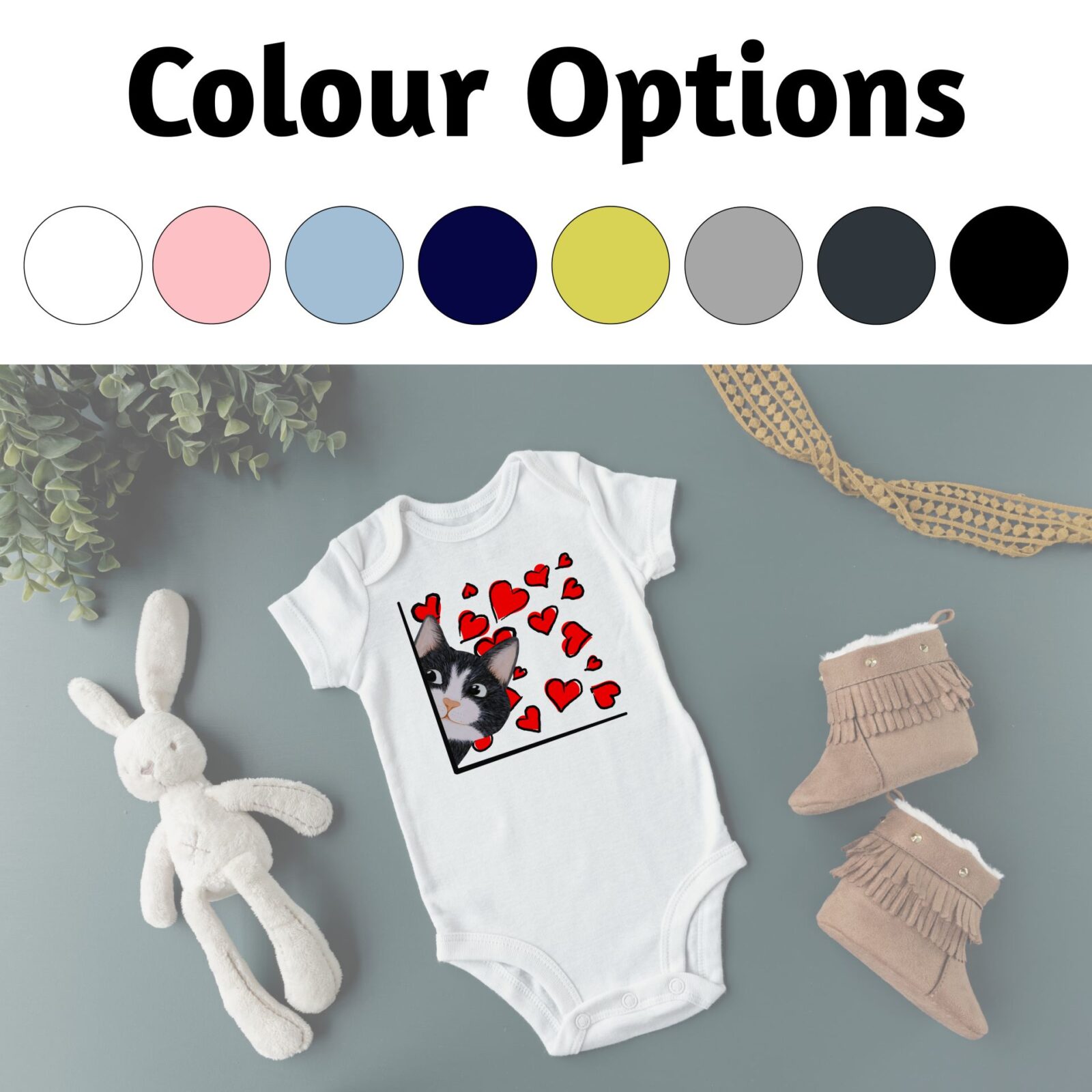 There are 8 colour options for the baby bodysuit: white, pink, light blue, navy, butter, heather, charcoal and black.