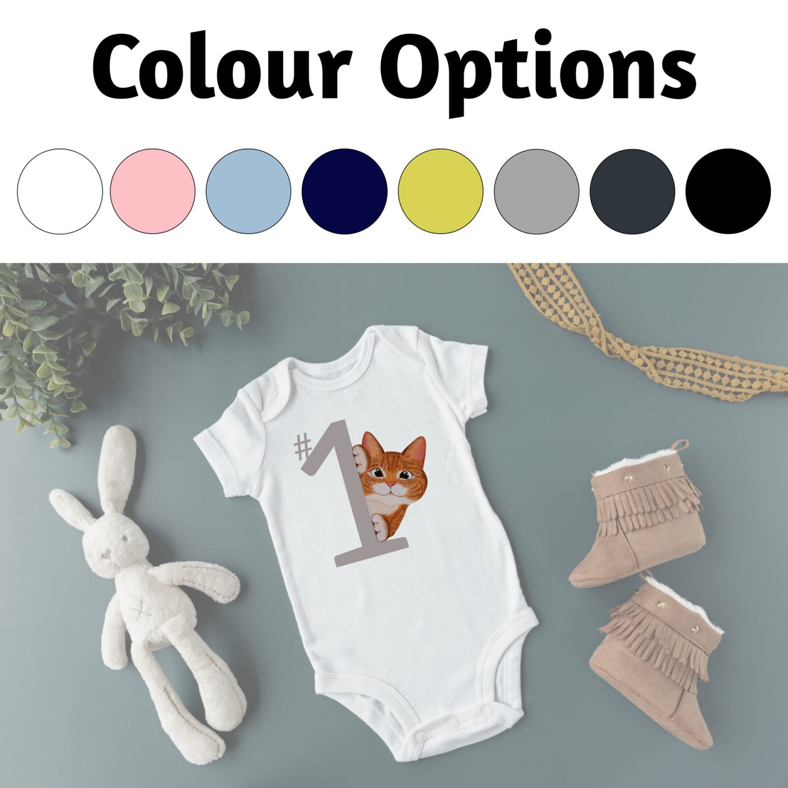 There are 8 colour options for the baby bodysuit: white, pink, light blue, navy, butter, heather, charcoal and black.