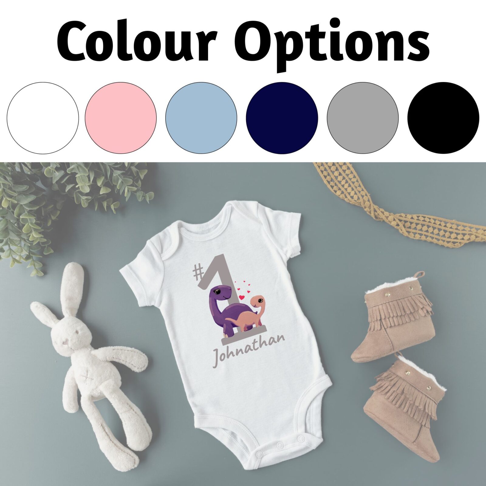 There are 6 colour options for the baby bodysuit: white, pink, light blue, navy, heather, and black.