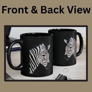Front and back view of the black mug with zebra designs on both sides of the coffee mug
