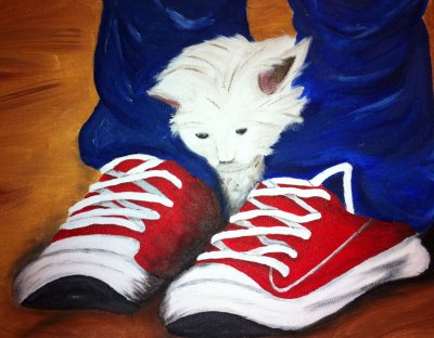 Painting of a little white kitten between two red sneakers
