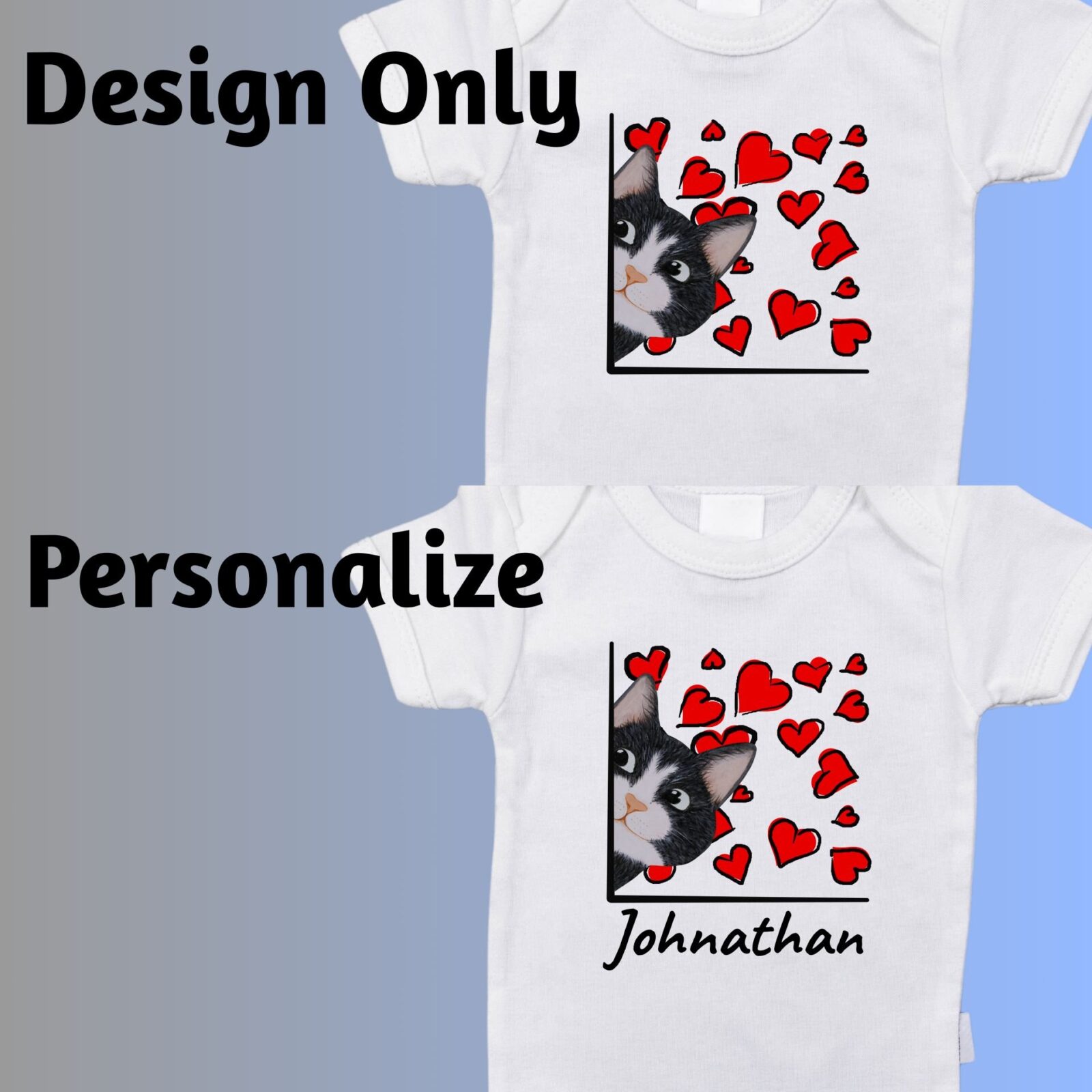 Two white summer bodysuits with a black tuxedo cat design. It is optional to personalize the design by adding the baby's name.