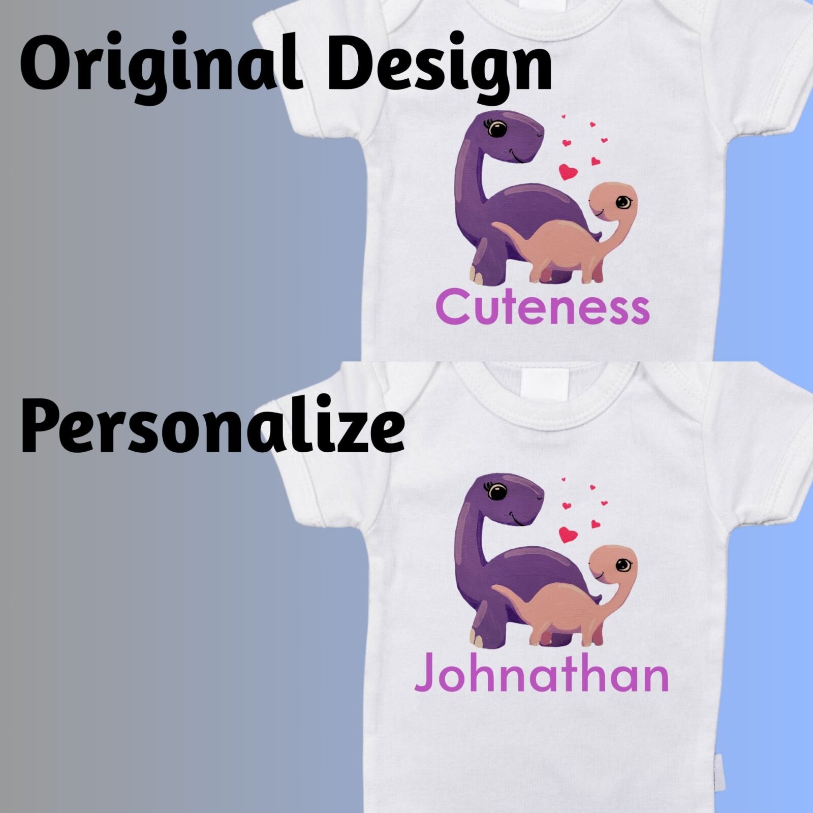 Two white summer bodysuits with a dinosaur design and the work "Cuteness". It is optional to personalize the design by adding the baby's name.