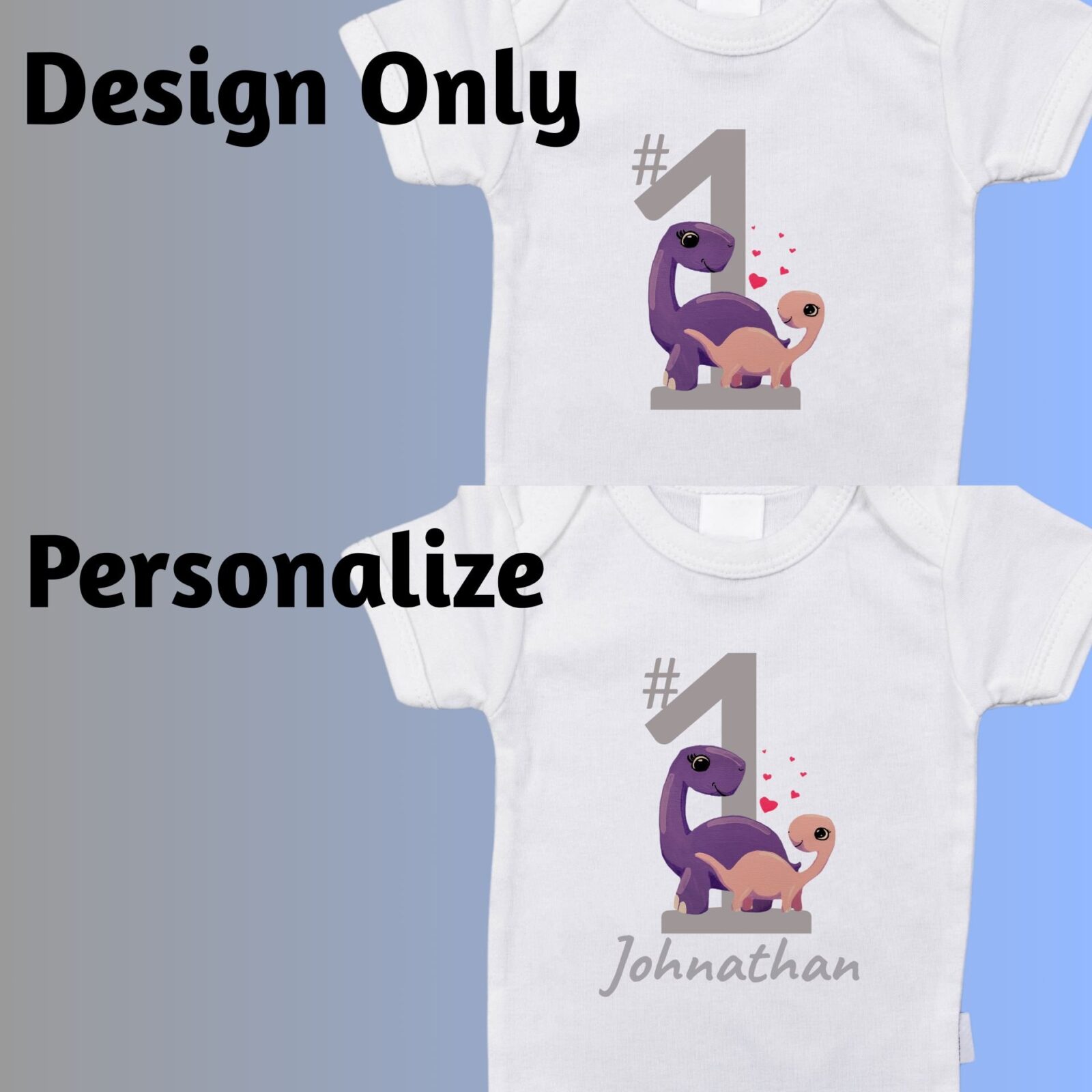 Two white summer bodysuits with a dinosaur design, a big number 1. It is optional to personalize the design by adding the baby's name.