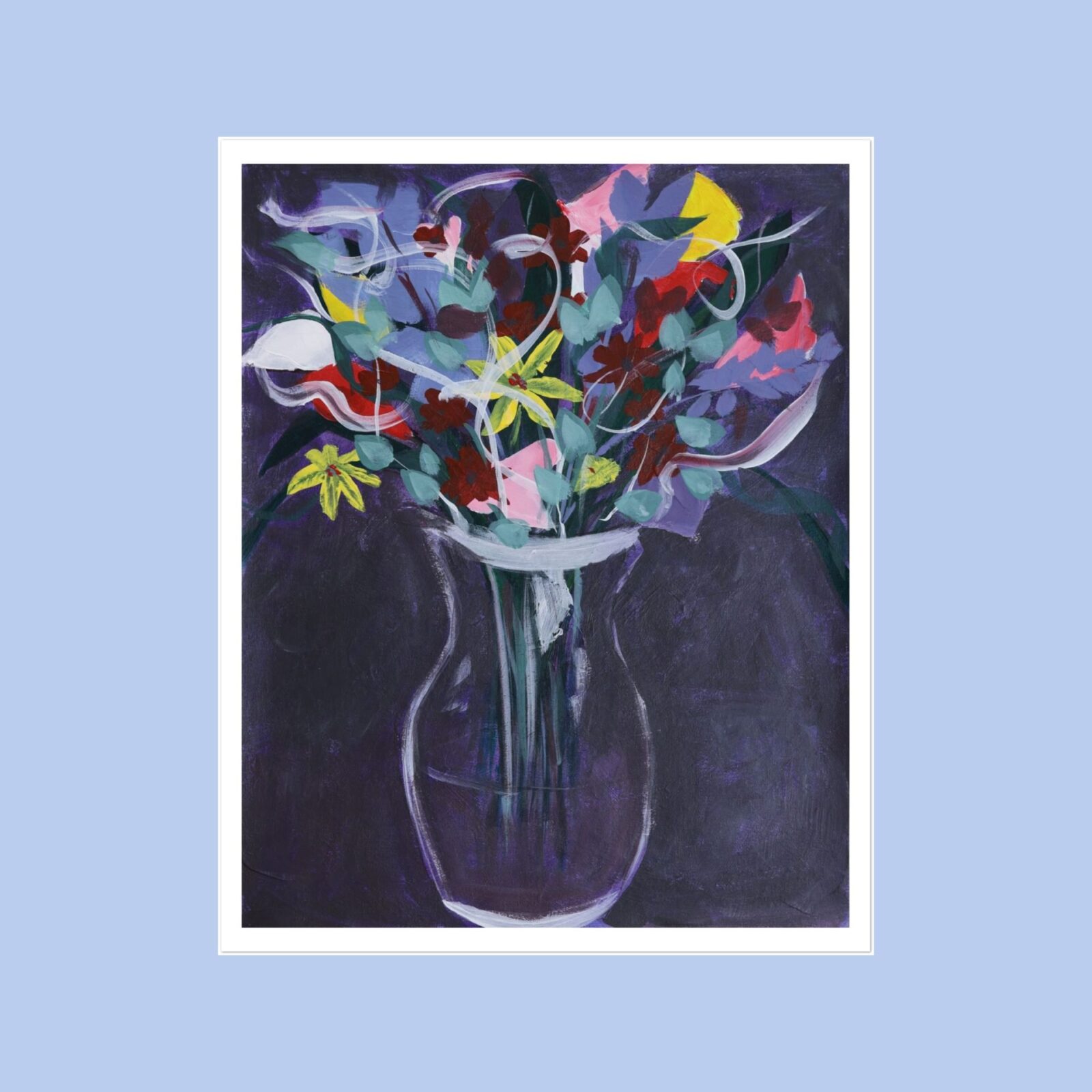 Sprouting Wake Abstract Acrylic Floral Painting on canvas paper against a Blue Grey background