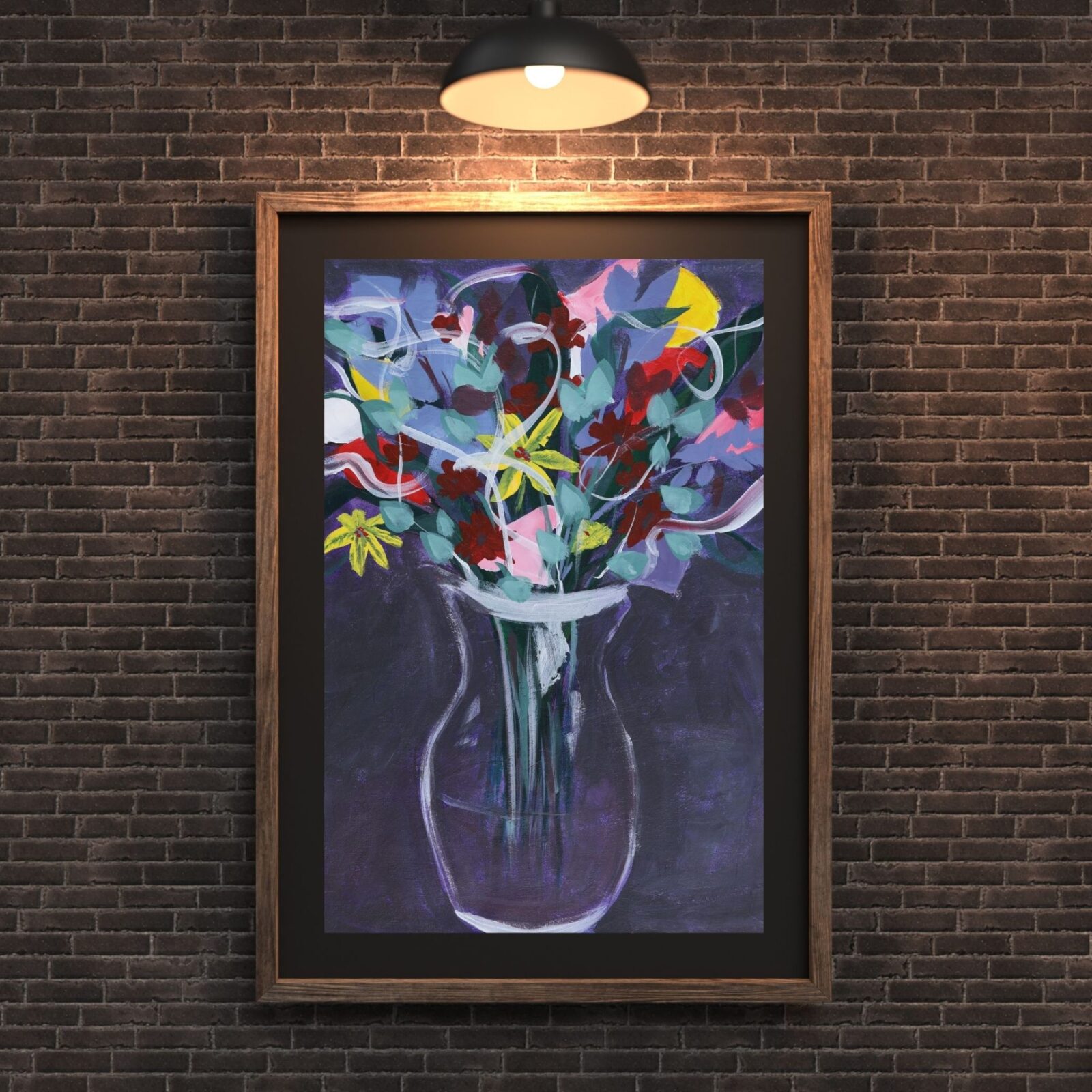 "Sprouting Wake" abstract acrylic painting of flowers in a vase, framed and hanging on a wall