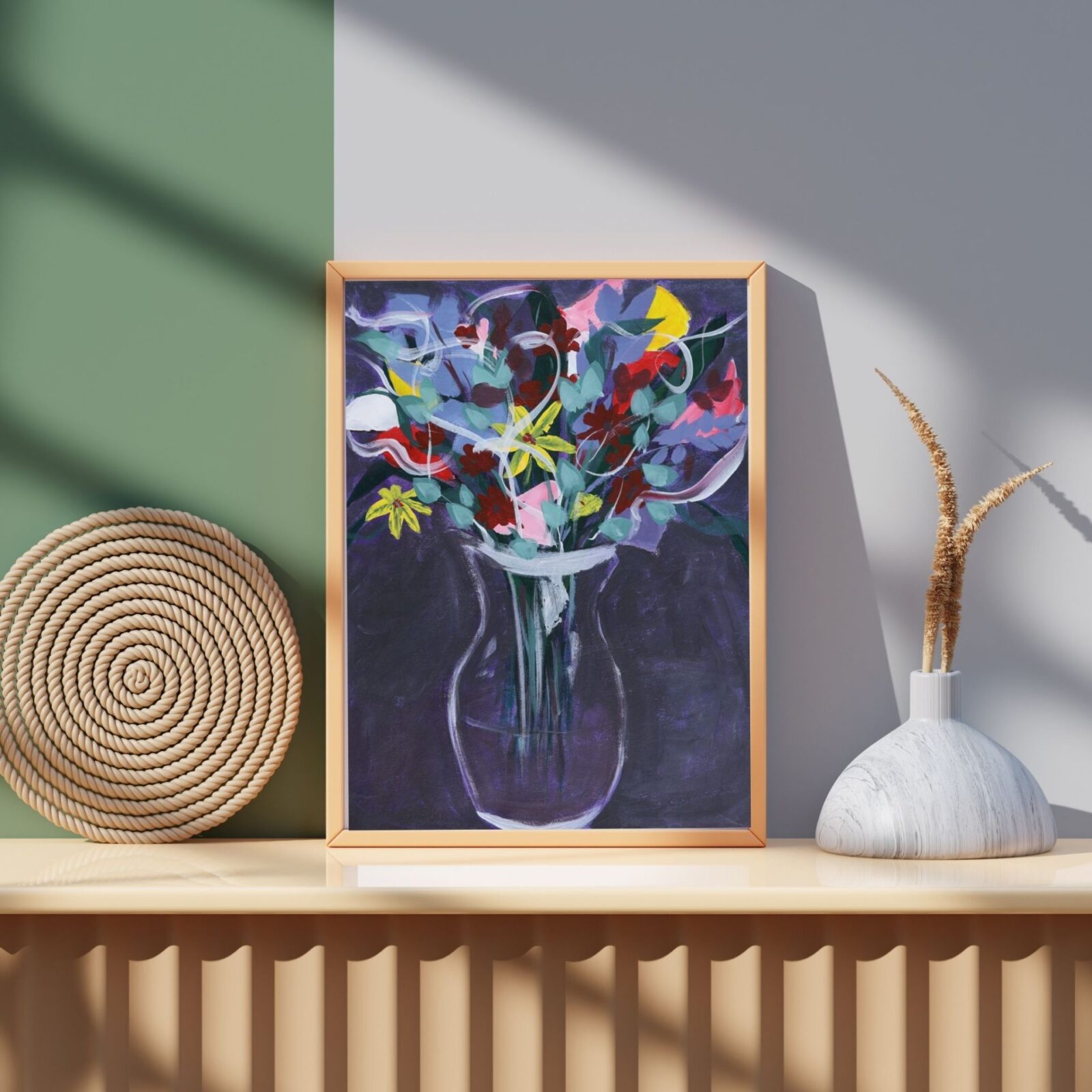 "Sprouting Wake" abstract acrylic painting of flowers in a vase, framed and standing on a mantle piece