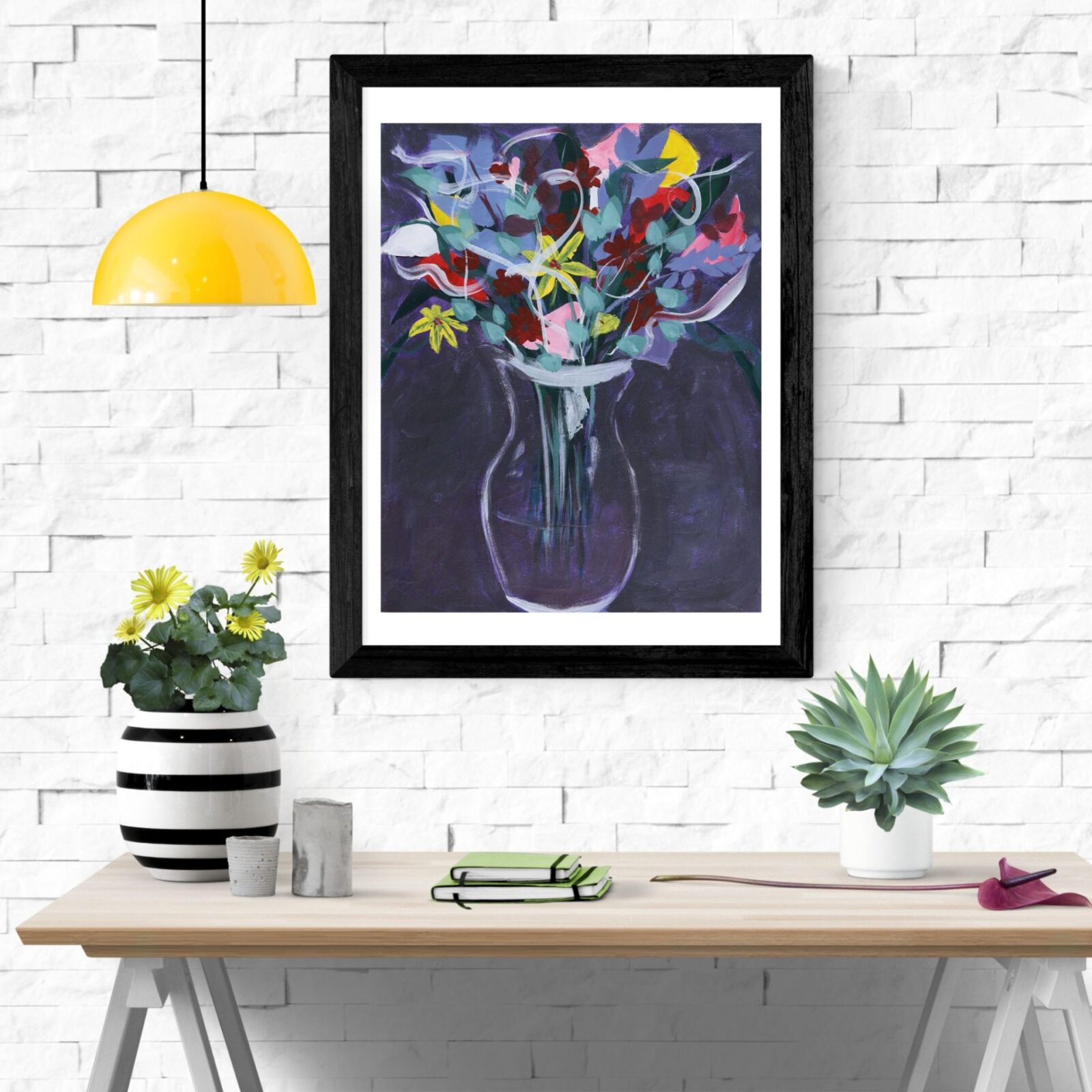 Sprouting Wake Abstract - Original Acrylic Painting, framed and handing in a kitchen