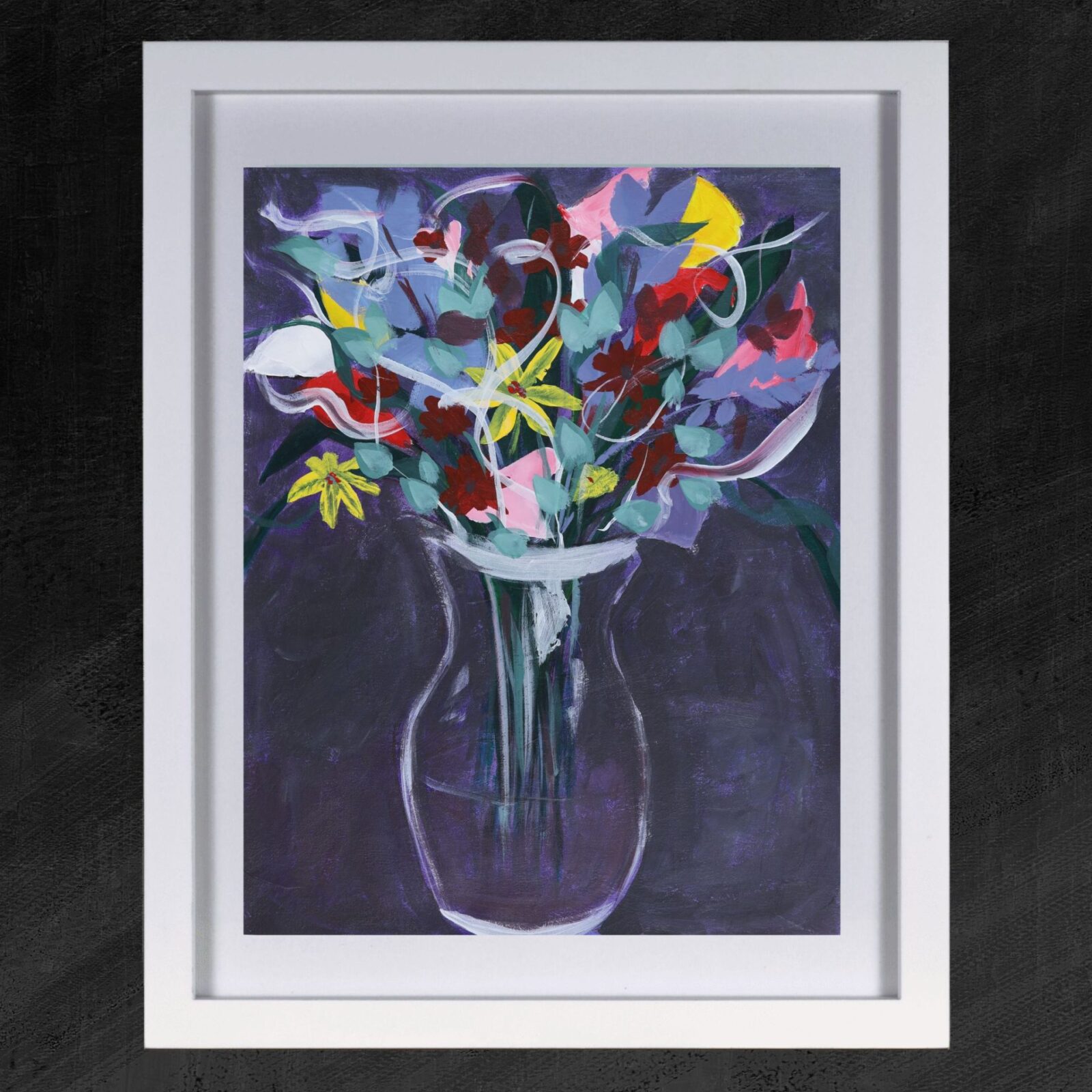 "Sprouting Wake" abstract acrylic painting of flowers in a vase, framed in a white frame
