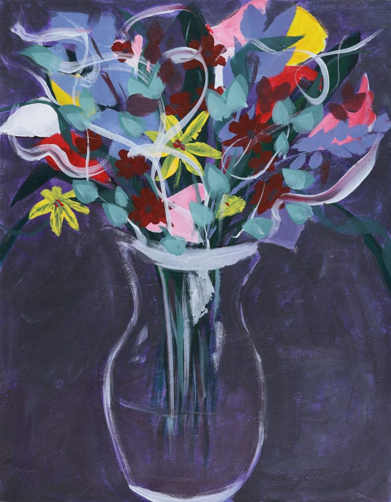 Close up of "Sprouting Wake" abstract acrylic painting of flowers in a vase