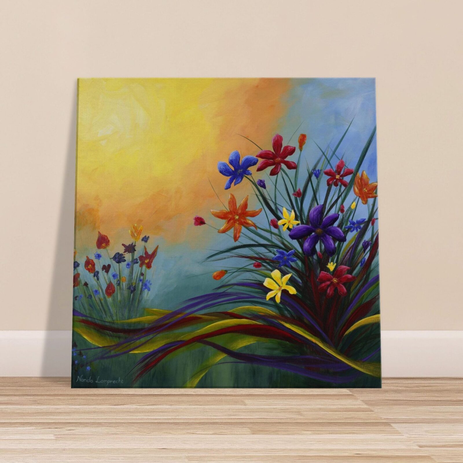 Flower Flurry Abstract Acrylic Painting on Wooden Floor against a Beige Wall