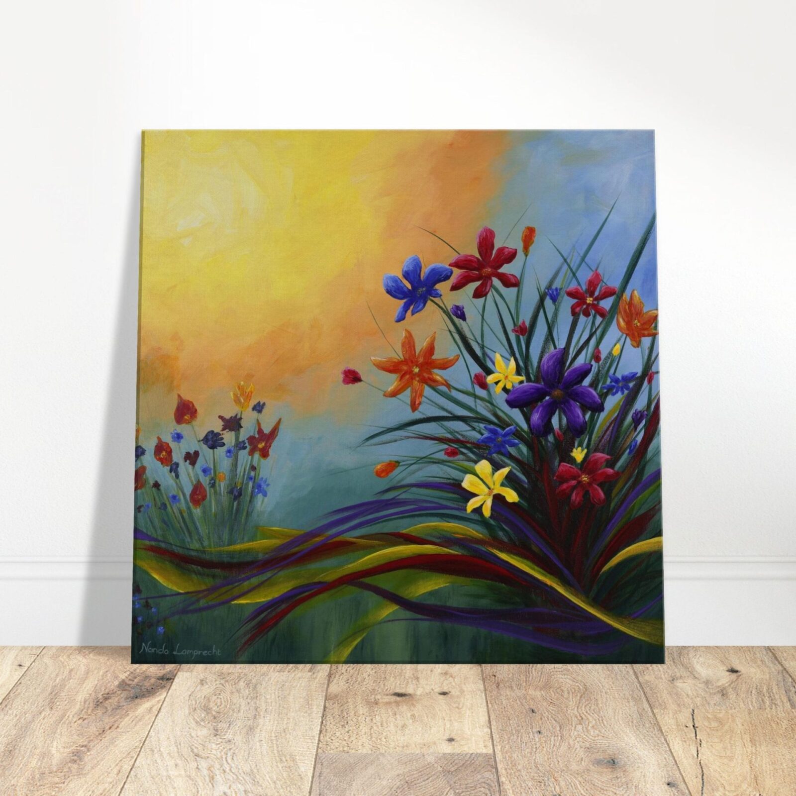 Flower Flurry Abstract Acrylic Painting on Wooden Floor against a Wall
