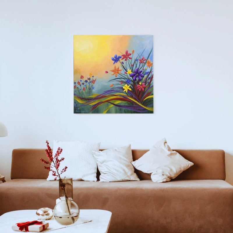 Flower Flurry Original acrylic modern flower painting on canvas hanging on a wall above a sofa