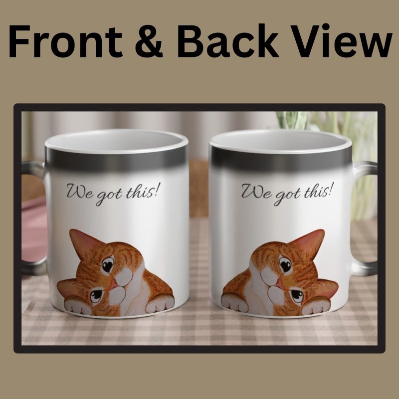 This is the ginger cat magic mug, showing both sides of the mug. The left mug shows the front of the mug, while the right mug shows the back of the mug.