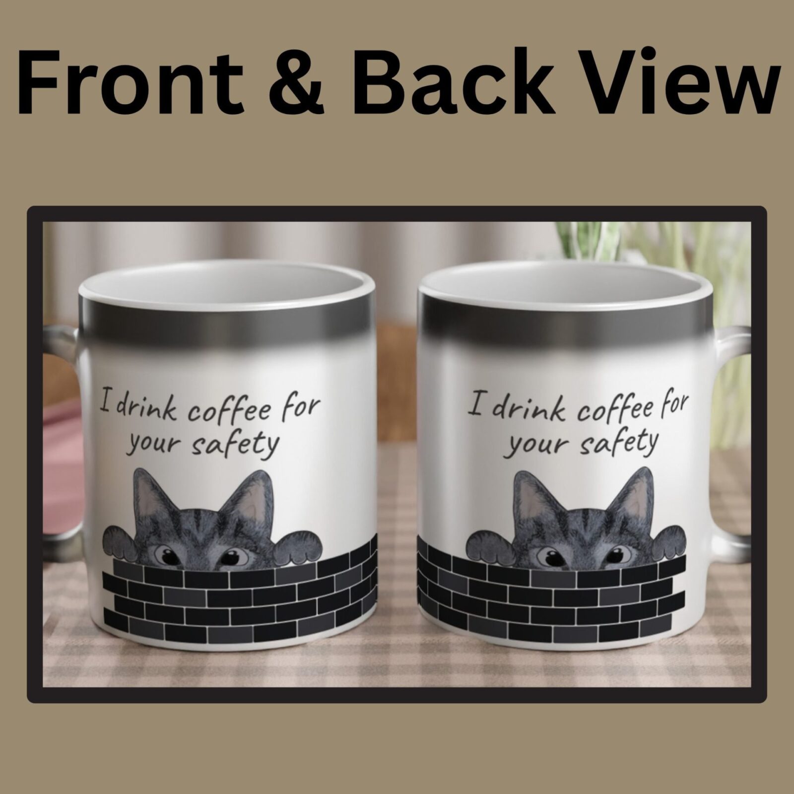 This is the grey cat magic mug, showing both sides of the mug. The left mug shows the front of the mug, while the right mug shows the back of the mug.