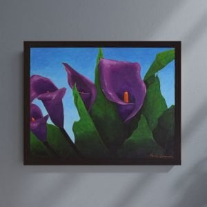 Acrylic painting of purple calla lilies