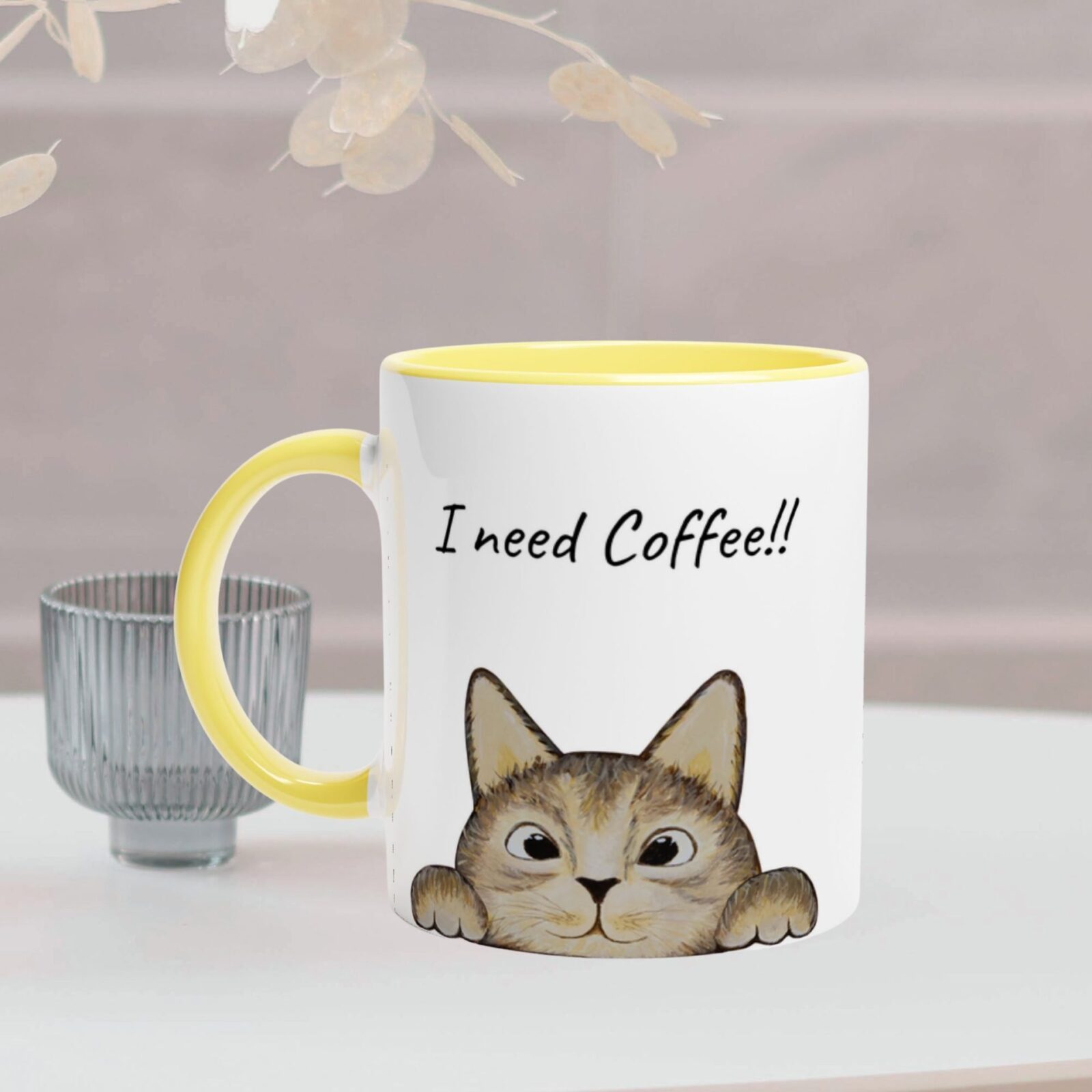 Brown cat mug with yellow colour handle and inside the mug