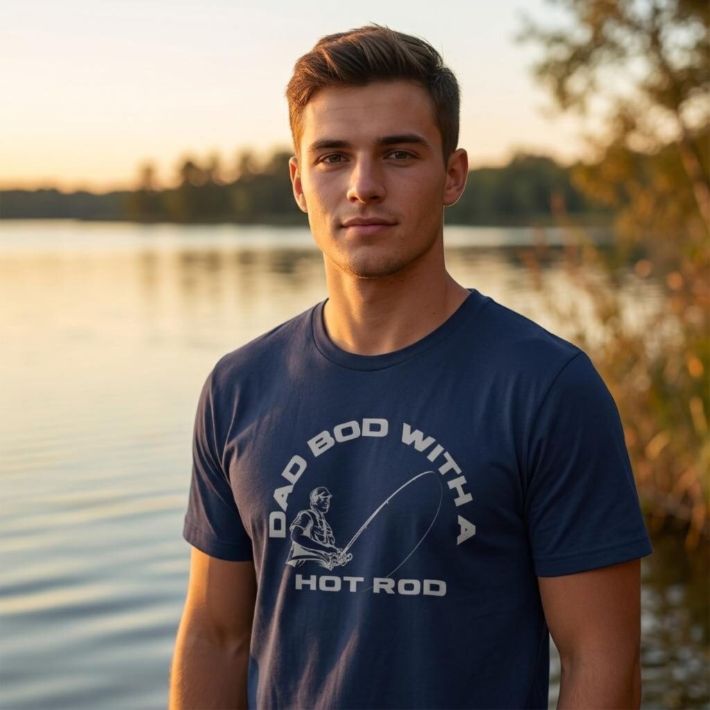 A young man wearing a navy t-shirt with the text "Dad bod with a hot rod" and a graphic of man with a fishing rod. There are 8 t-shirt colour options to choose from.